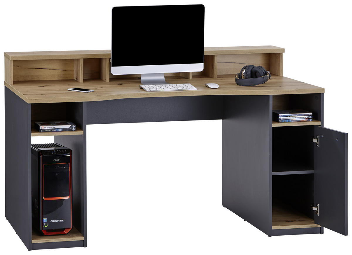 GAMING MIZA leseni material antracit, barve hrasta  - barve hrasta/antracit, Moderno, kovina/leseni material (160/92,4/70cm) - Carryhome