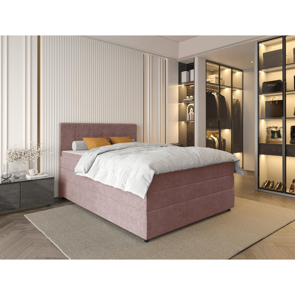 Thumbnail - Carryhome Boxspringbett, Hellrot, Textil, H3, Höhe ca. 18 cm, 140x200 cm, gepolstertes Kopfteil, Topper durchgehend, in ...