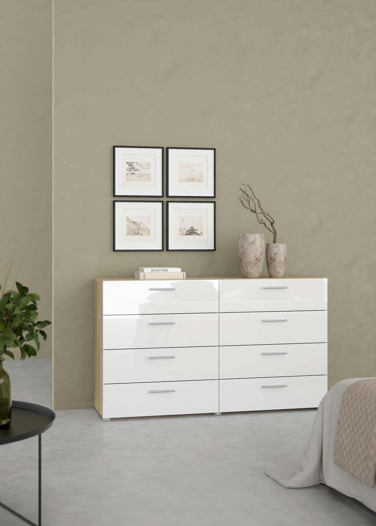 KOMODA   140/81,7/40 cm   boje hrasta, bijela visoki sjaj  - srebrne boje/boje hrasta, Design, drvni materijal/metal (140/81,7/40cm) - Livetastic