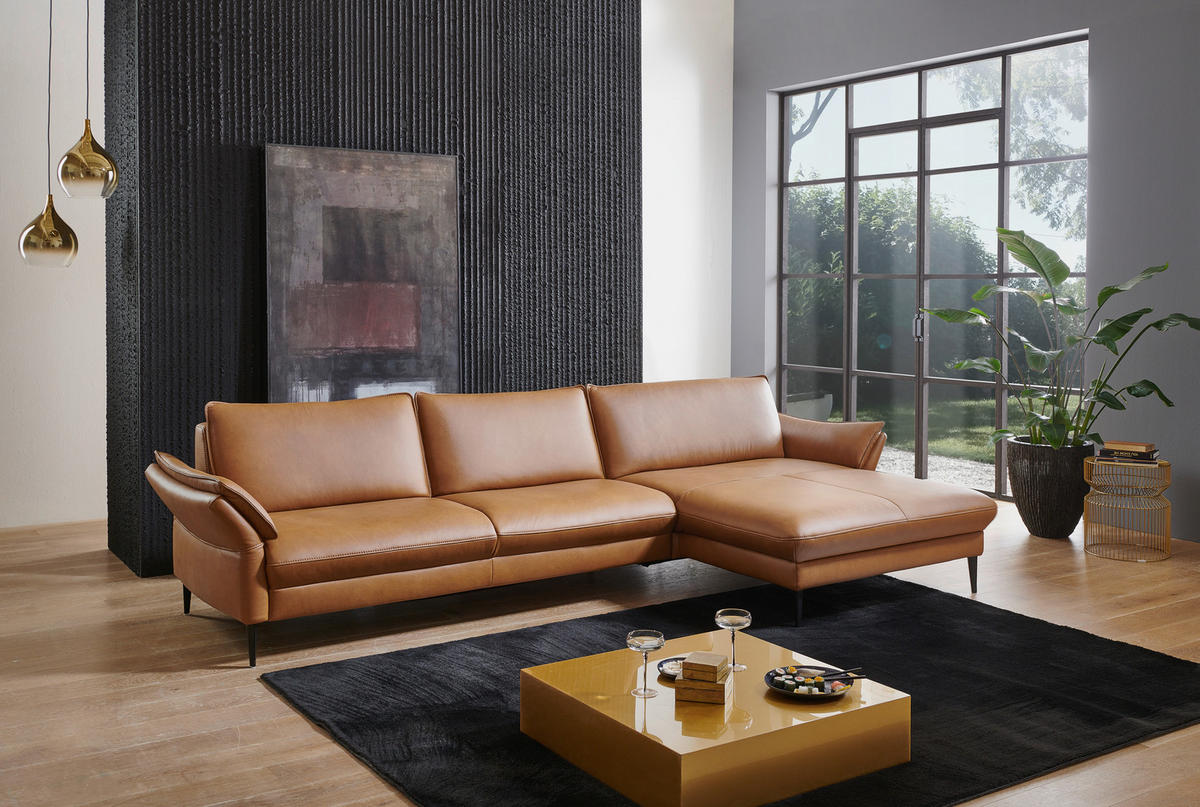 ECKSOFA in Echtleder Braun  - Schwarz/Braun, Design, Leder/Metall (334/172cm) - Valdera