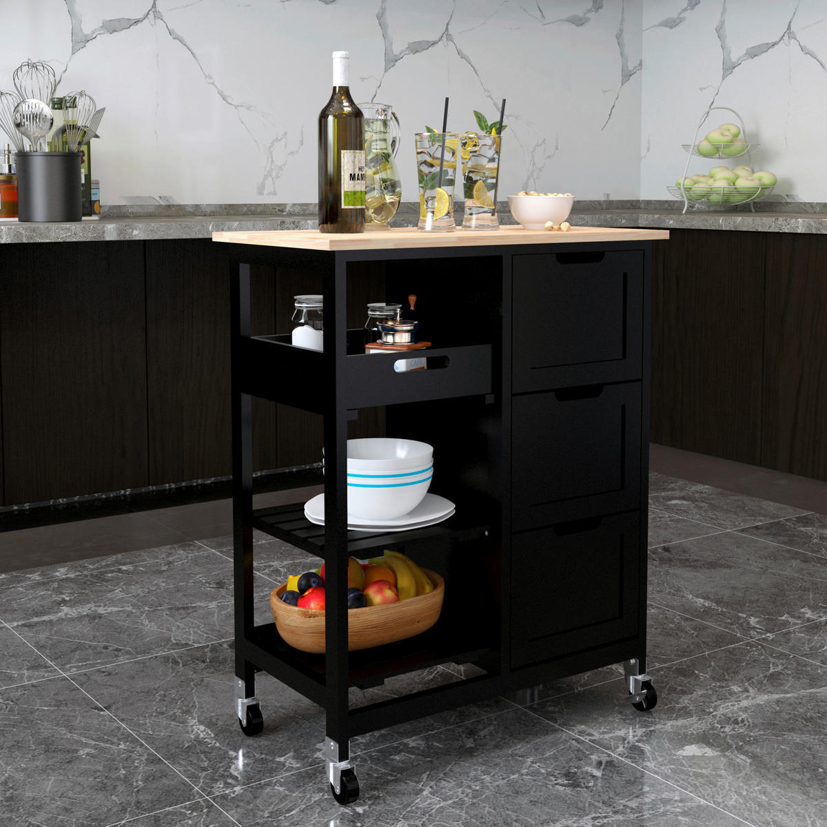 KÜCHENINSEL   in Naturfarben, Schwarz  - Schwarz/Naturfarben, Basics, Holz/Holzwerkstoff (67/84/37cm) - MID.YOU