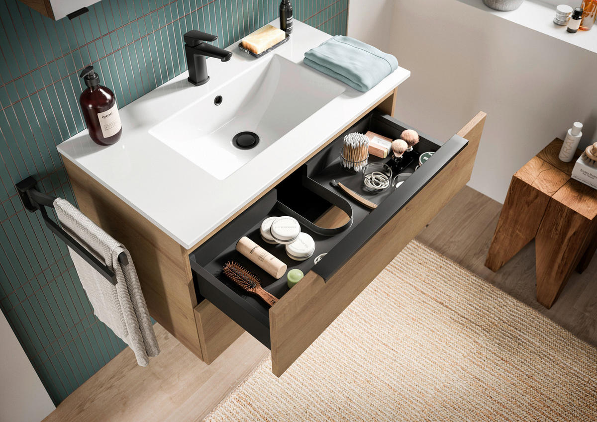 BADEZIMMER 3-teilig  in 81 cm  - Eichefarben/Schwarz, Natur, Glas/Keramik (81cm) - Sadena