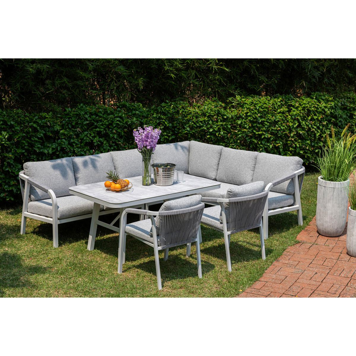 DINING-LOUNGESET  - Weiß/Grau, MODERN, Glas/Textil - Gardenson