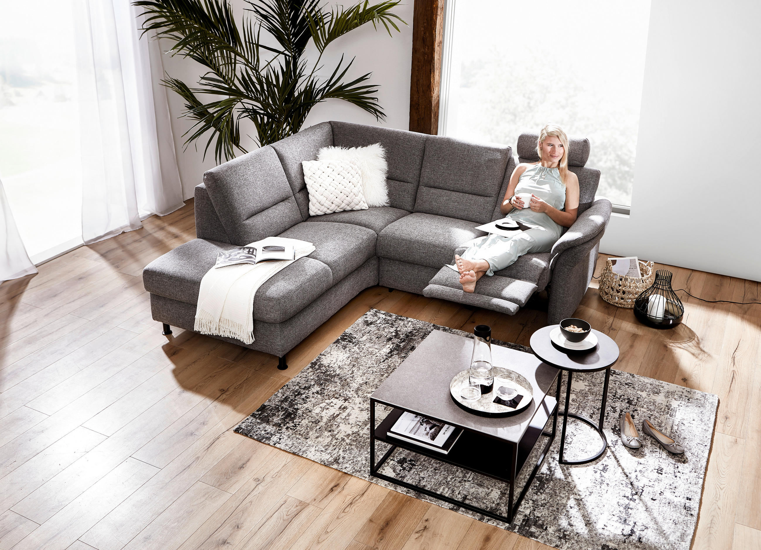 WOHNLANDSCHAFT Grau Flachgewebe - Schwarz/Grau, Design, Textil/Metall (203/227cm) - Beldomo System