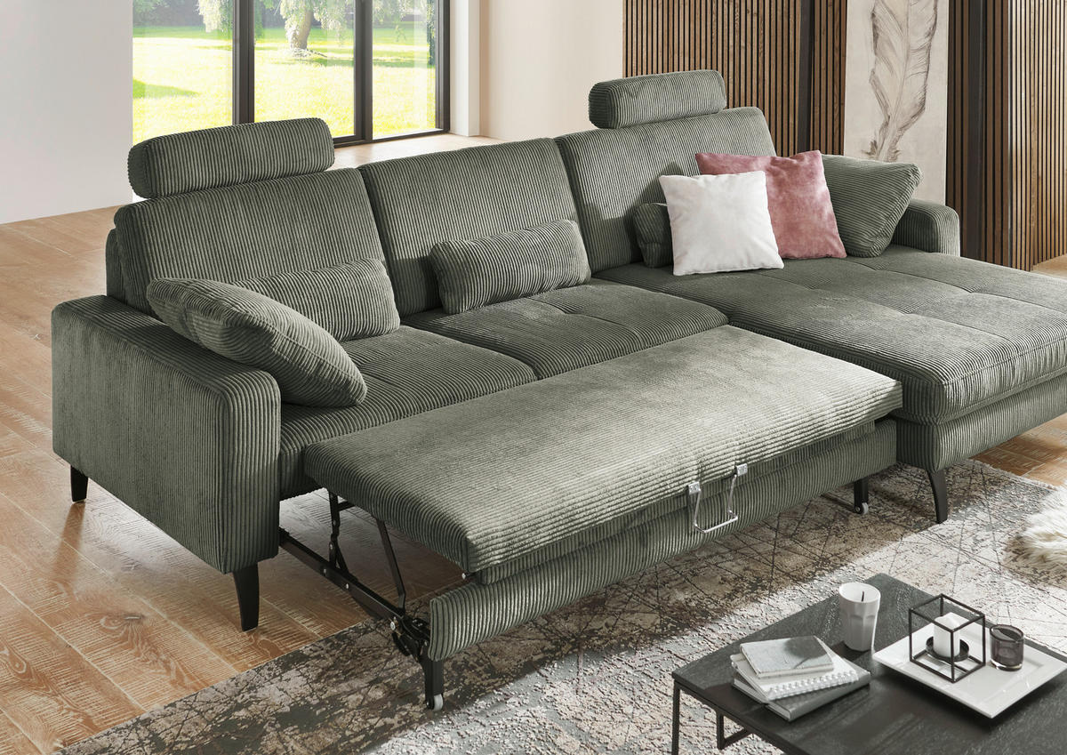 ECKSOFA in Cord Olivgrün  - Schwarz/Olivgrün, Modern, Textil/Metall (302/177cm) - Beldomo Style