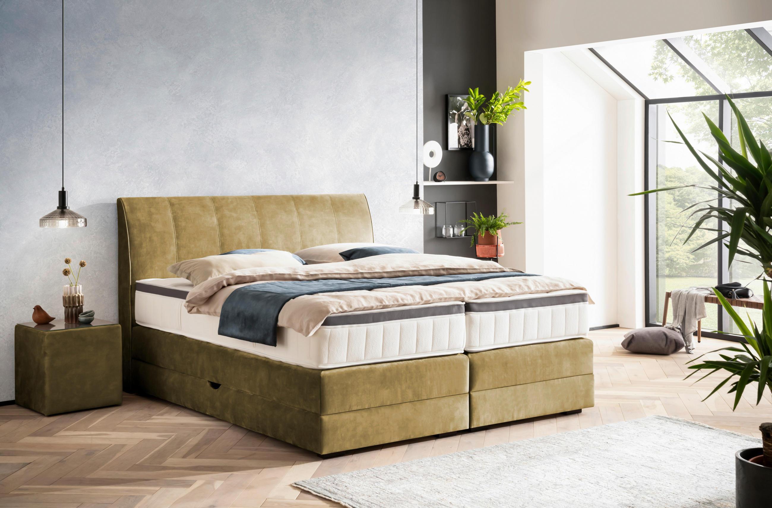 BOXSPRINGBETT 180/200 cm  in Olivgrün  - Wengefarben/Olivgrün, KONVENTIONELL, Holz/Textil (180/200cm) - Novel