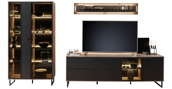 WOHNWAND in Schwarz, Eichefarben 321/185/50 cm - Eichefarben/Anthrazit, Design, Glas/Holz (321/185/50cm) - Novel