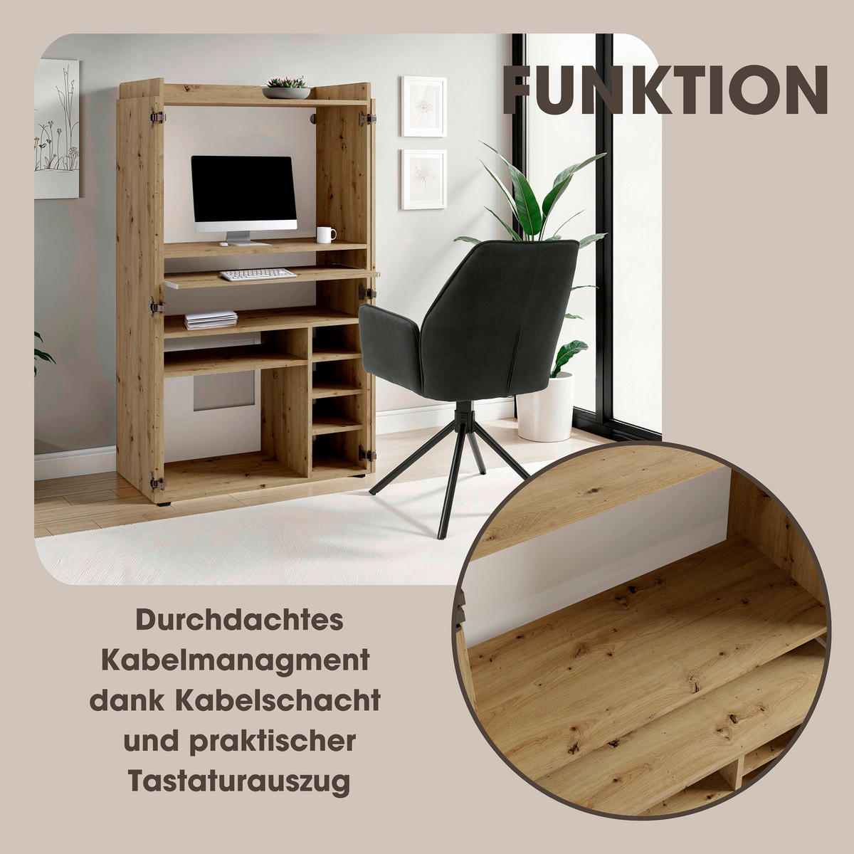 SEKRETÄR - Schwarz/Eiche Artisan, MODERN, Holzwerkstoff/Kunststoff (80/40/141cm) - MID.YOU