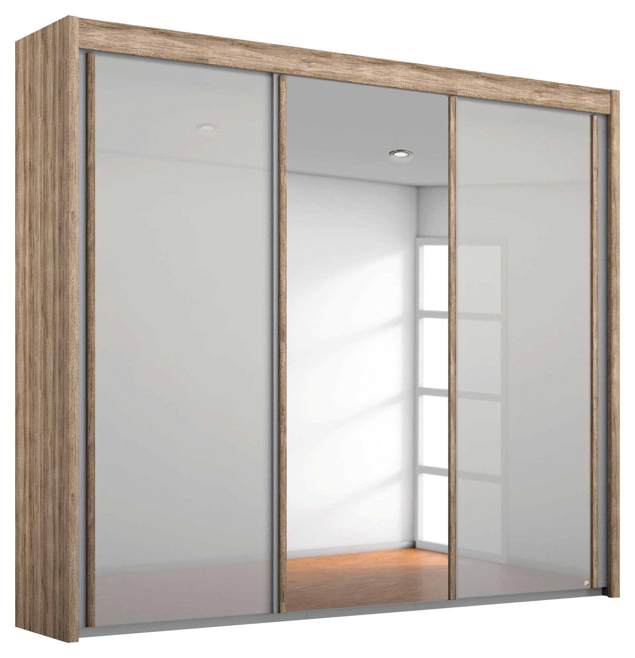 SCHWEBETÜRENSCHRANK 225/197/65 cm 3-türig - Eiche San Remo/Grau, Basics, Glas/Holzwerkstoff (225/197/65cm) - Cantus