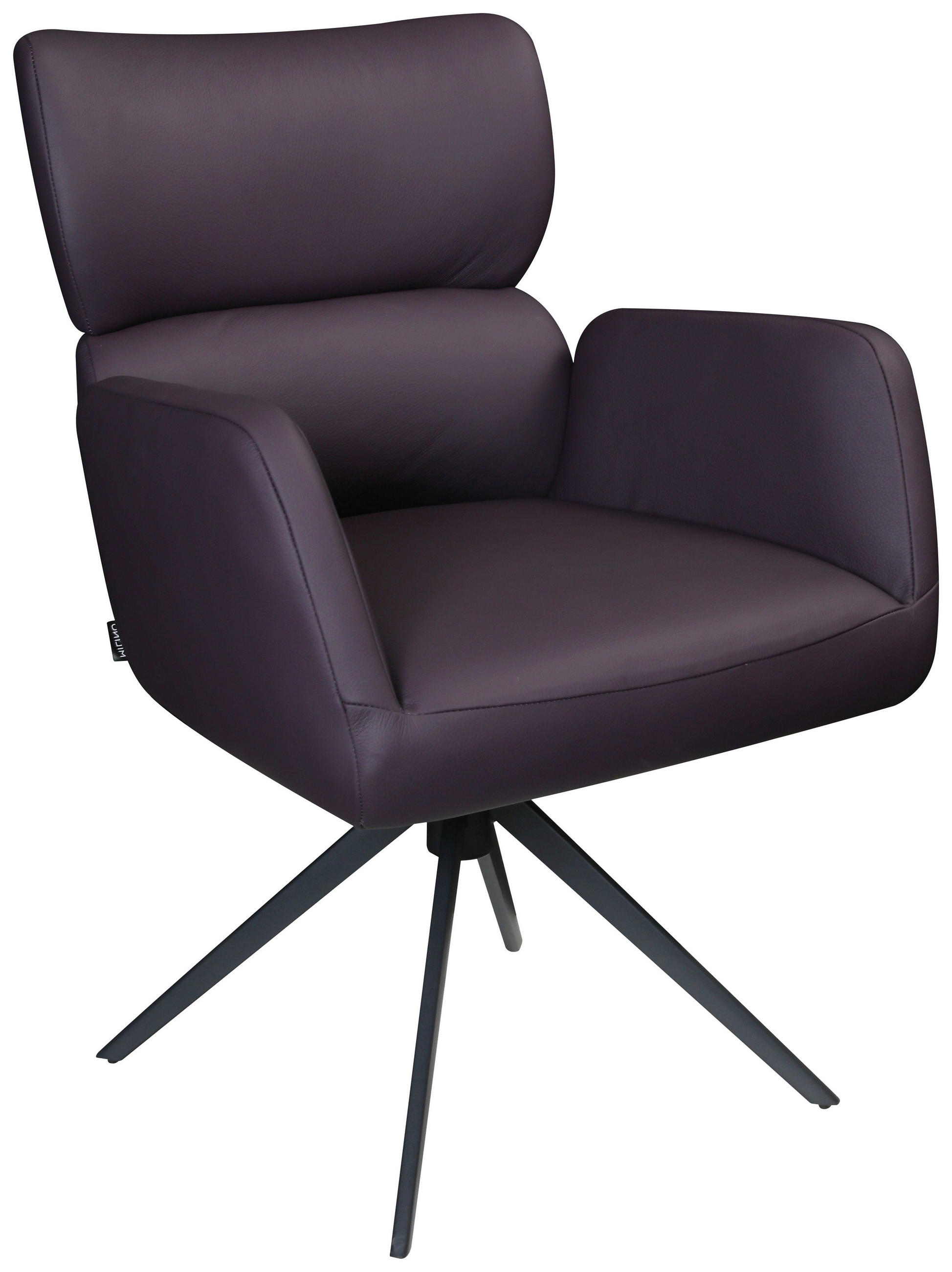ARMLEHNSTUHL  Lederauswahl, Sitzfläche 360° drehbar, automatische Rückholfunktion  Echtleder  Aubergine  - Aubergine/Schwarz, Design, Leder/Metall (62,5/86,5/67cm) - Milino