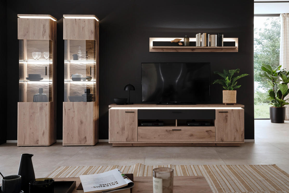 WOHNWAND  in Anthrazit, Eiche dunkel  330/208/50 cm  - Eiche dunkel/Anthrazit, KONVENTIONELL, Glas/Holzwerkstoff (330/208/50cm) - Cantus