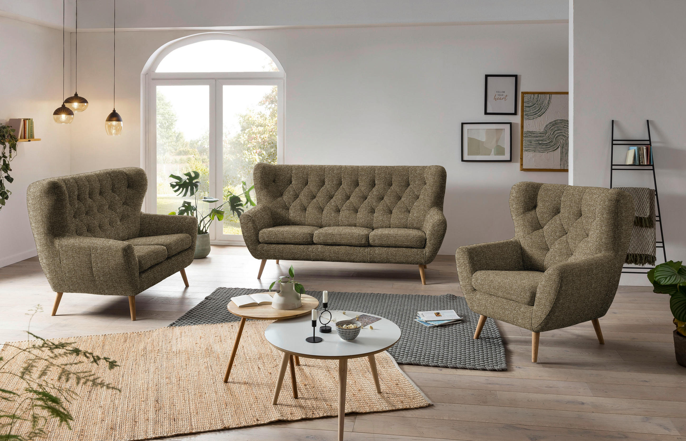 OHRENSESSEL in Flachgewebe Olivgrün  - Eichefarben/Olivgrün, Design, Holz/Textil (87/101/95cm) - Stylife