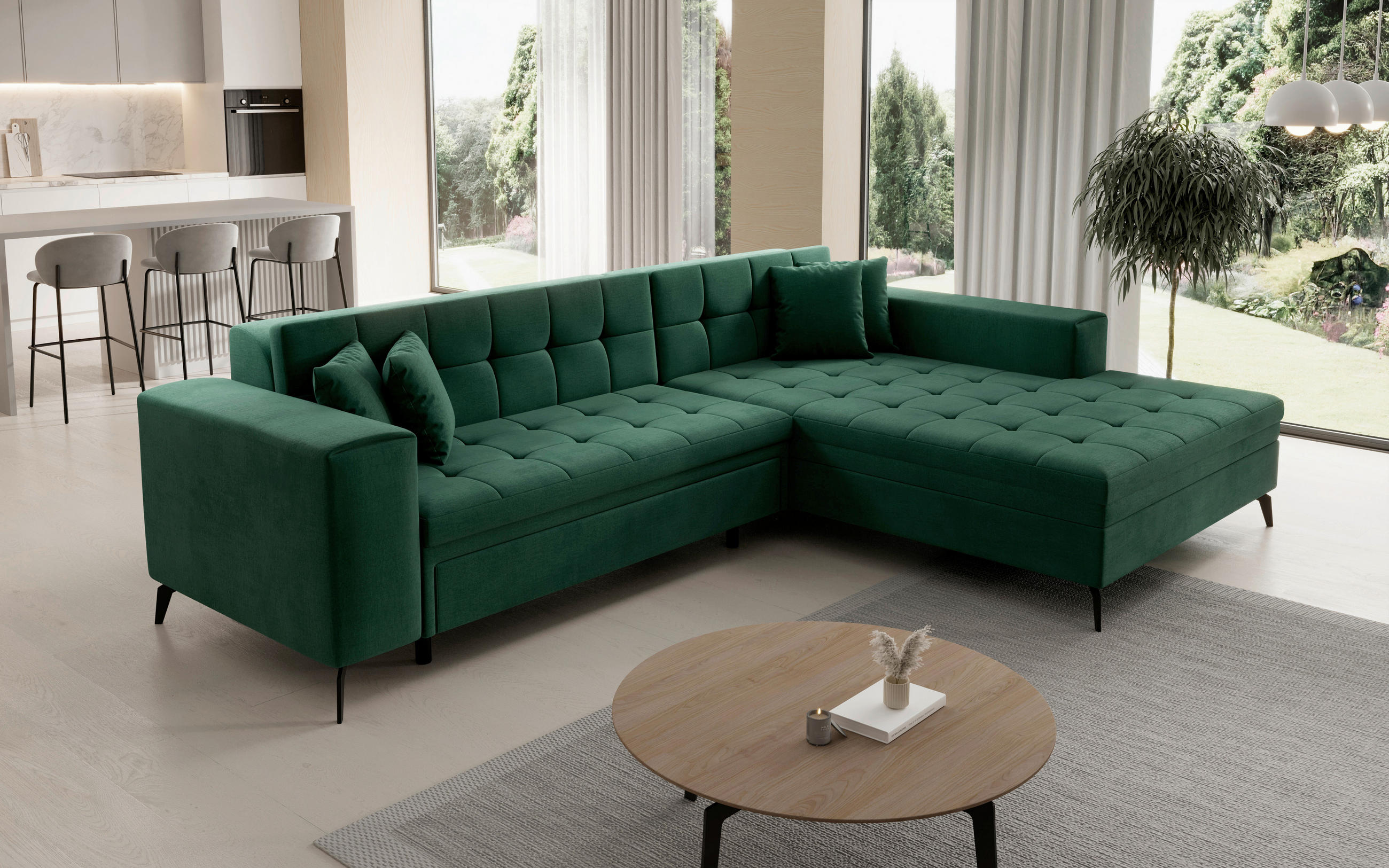 ECKSOFA Grün Samt  - Schwarz/Grün, Design, Textil/Metall (292/196cm) - MID.YOU