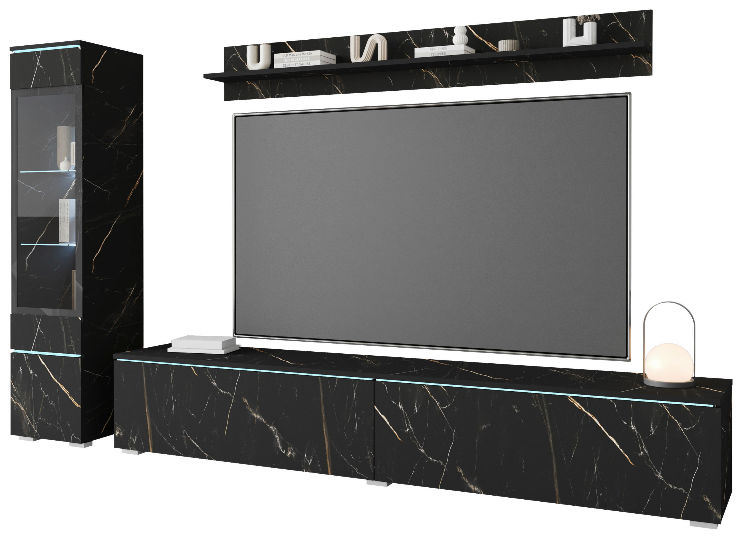 WOHNWAND Vera 3-teilig in Schieferfarben 210/130/33 cm - Schieferfarben/Grau, Basics, Glas/Holzwerkstoff (210/130/33cm) - P & B