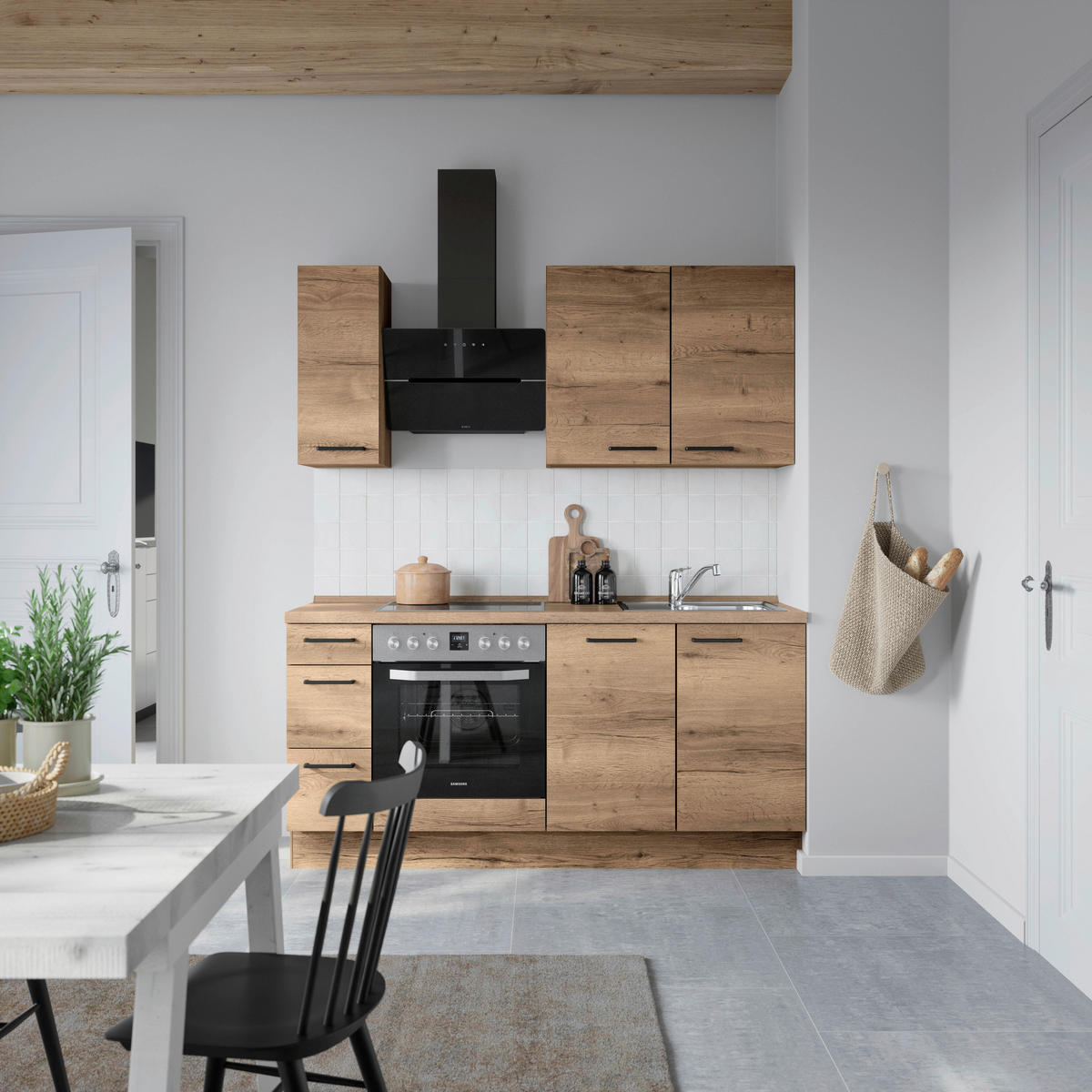 BUCĂTĂRIE FĂRĂ ELECTROCASNICE  - stejar închis la culoare/negru, Modern, metal/material pe bază de lemn (180cm) - Nobilia