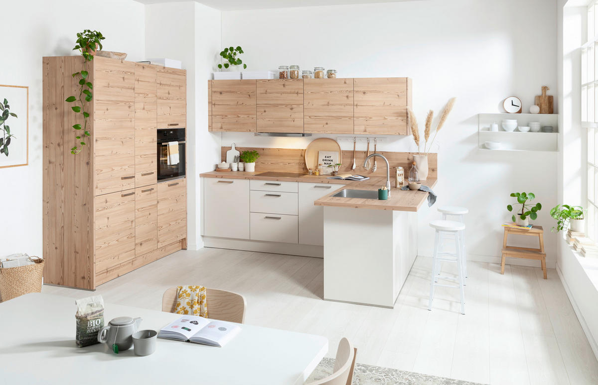 EINBAUKÜCHE   - Weiss/Kieferfarben, Konventionell, Holzwerkstoff - Novel