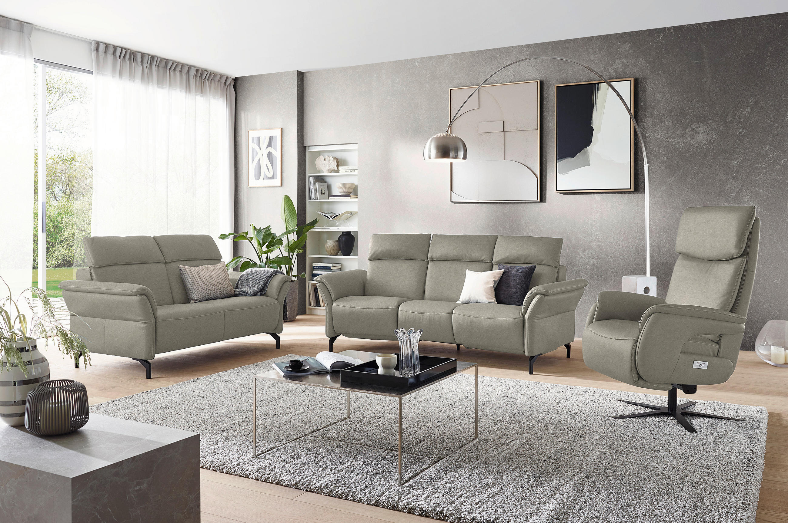 TRAPEZSOFA in Echtleder Hellgrau - Hellgrau/Schwarz, KONVENTIONELL, Leder/Metall (221/103/95cm) - Dieter Knoll
