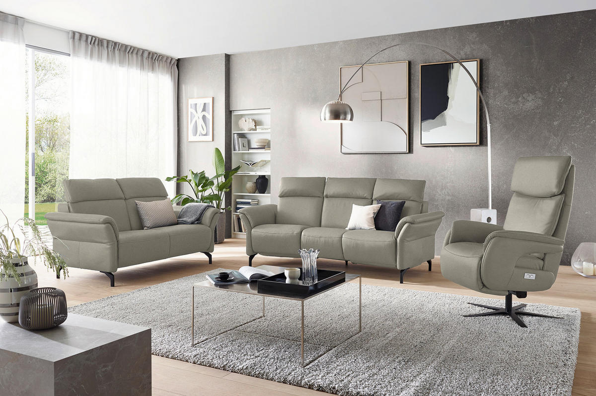 TRAPEZSOFA in Echtleder Hellgrau  - Hellgrau/Schwarz, Konventionell, Leder/Metall (221/103/95cm) - Dieter Knoll