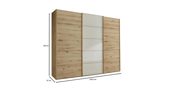 SCHWEBETÜRENSCHRANK  in Champagner, Eiche Bianco  - Eiche Bianco/Champagner, Natur, Glas/Holz (250/236/67cm) - Linea Natura