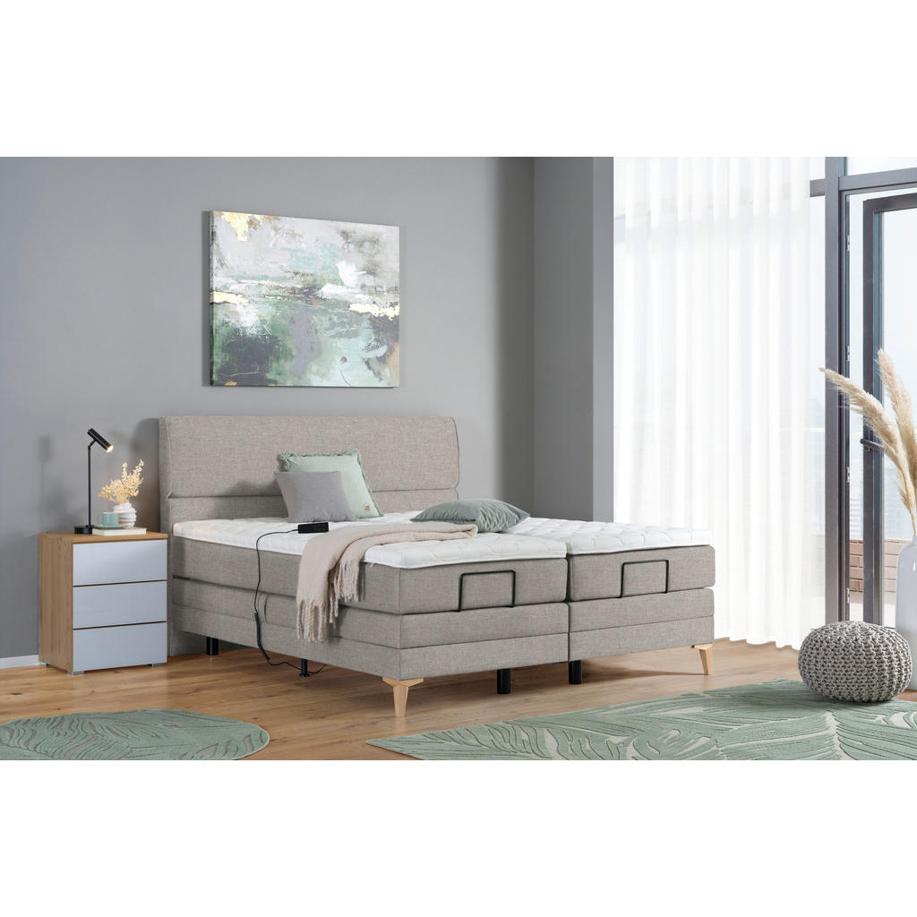 Thumbnail - Voleo Boxspringbett, Greige, Textil, Eiche, massiv, H3, 7-Zonen, Höhe ca. 19 cm, 180x200 cm, Über- und Sondergrößen erhä...