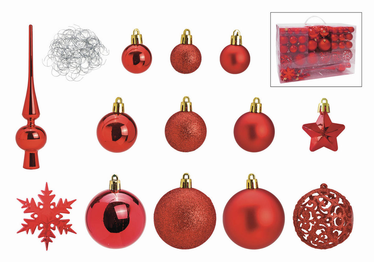 CHRISTBAUMKUGEL-SET 111-teilig  - Rot, Trend, Kunststoff (36/23/12cm) - X-Mas