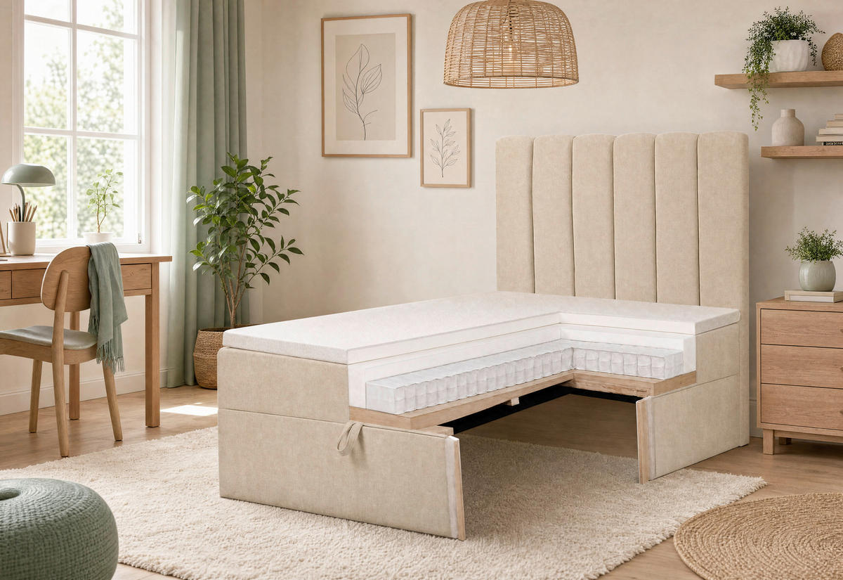 BOXBETT 100/200 cm,  in Beige, Matratze, gepolstertes Kopfteil, Bettkasten, Topper, H3 = fest  - Beige/Schwarz, Basics, Kunststoff/Textil (100/200cm) - Chameo