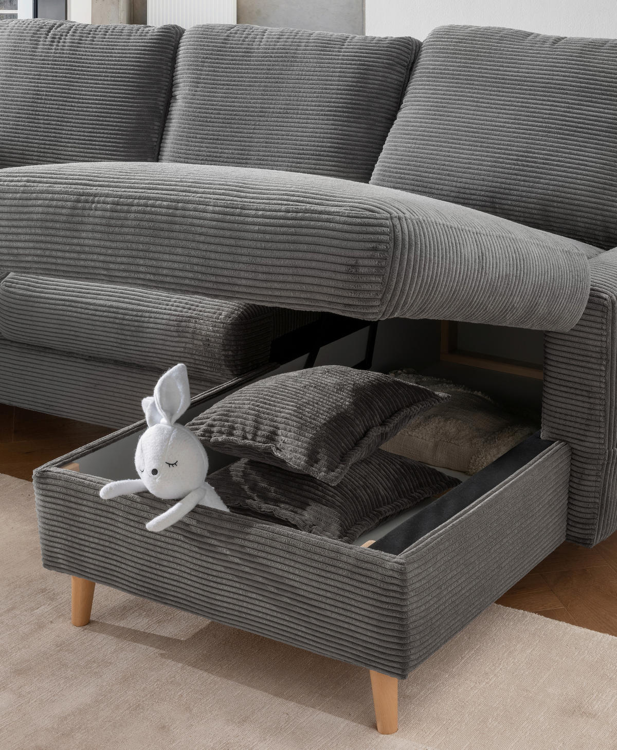 ECKSOFA in Cord Grau  - Naturfarben/Grau, Design, Holz/Textil (228/150cm) - P & B