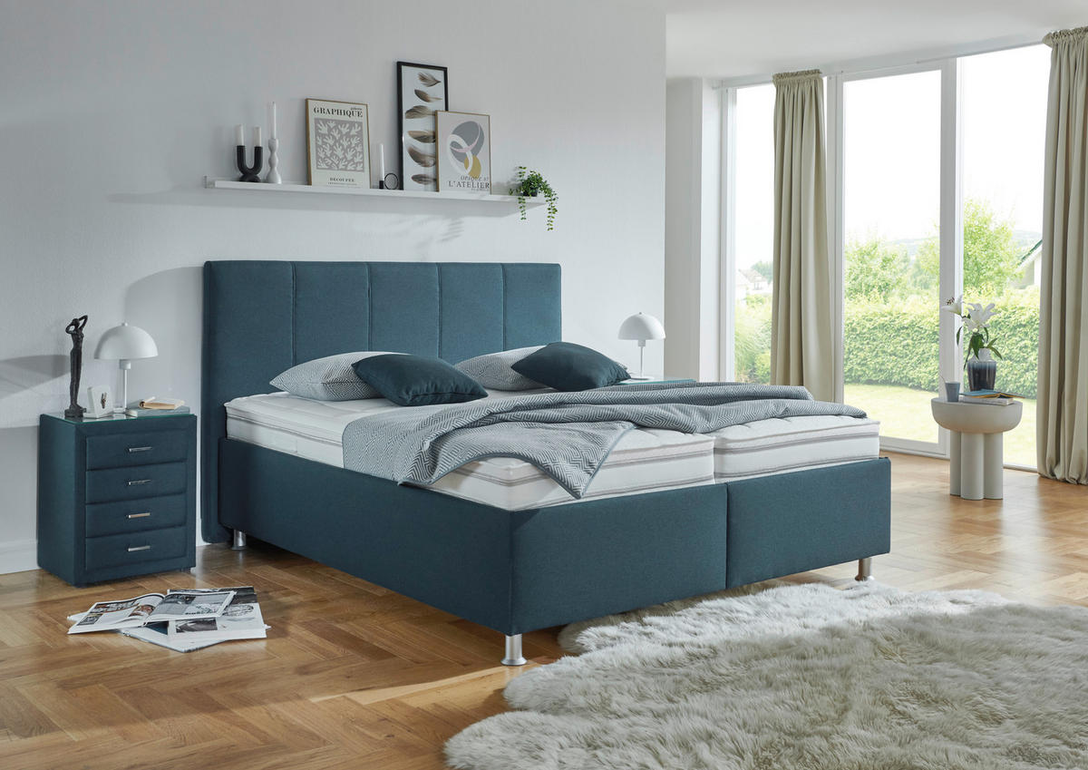 POLSTERBETT 200/200 cm,  in Blau, Dunkelblau, Matratze, gepolstertes Kopfteil, Lattenrost, Bettkasten, H2 + H3 = mittel + fest  - Blau/Alufarben, KONVENTIONELL, Holz/Holzwerkstoff (200/200cm) - Beldomo - Sleep