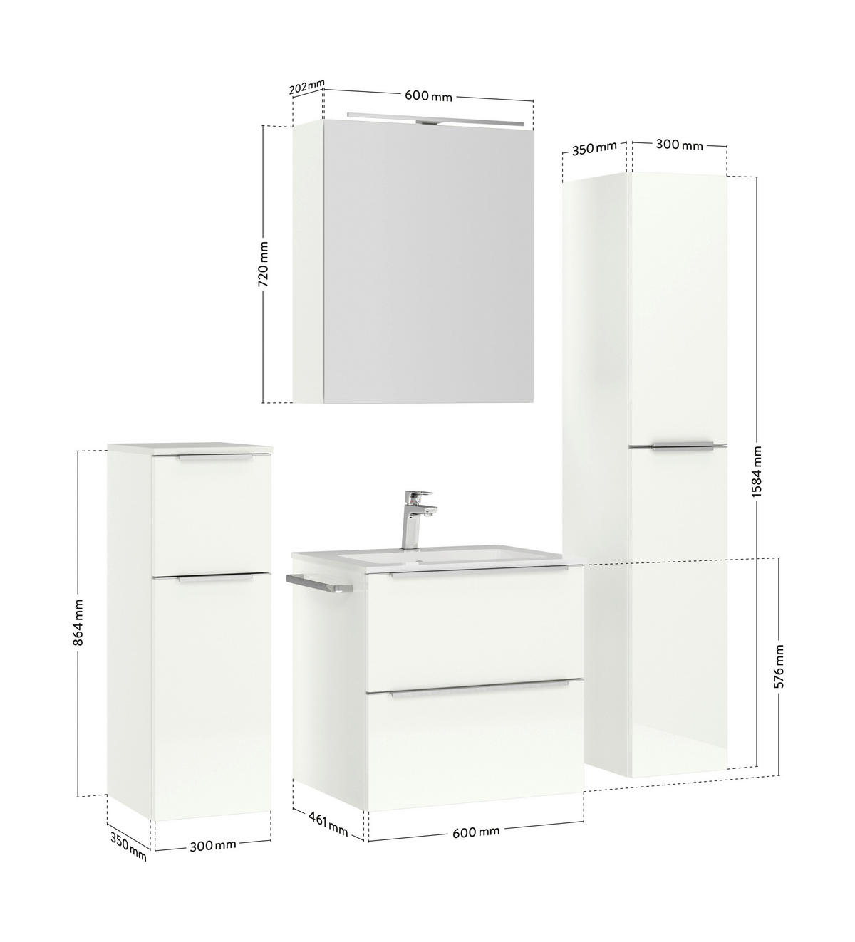 BADEZIMMER  in 61 cm  - Edelstahlfarben/Weiß Hochglanz, MODERN, Holzwerkstoff/Stein (61cm) - Nobilia