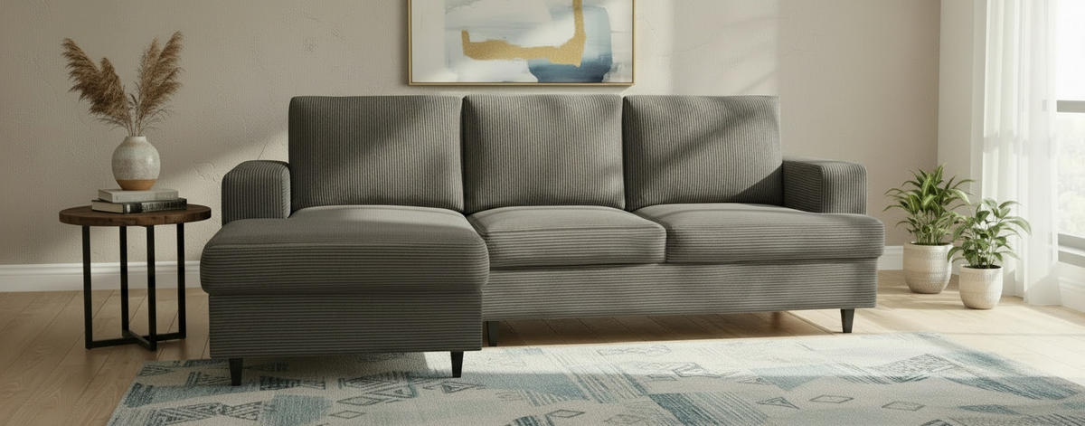 ECKSOFA Taupe Cord, Velours  - Taupe/Schwarz, Design, Holz/Textil (140/247cm) - MID.YOU