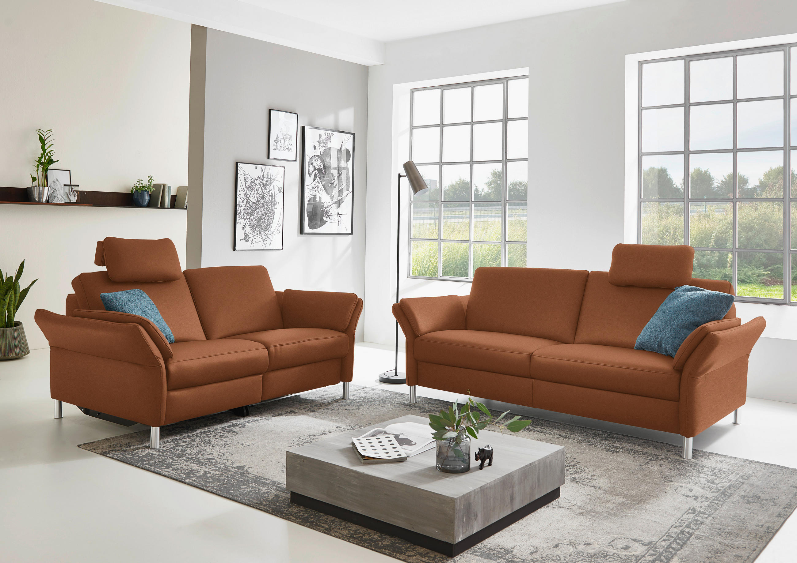 2,5-SITZER in Echtleder Cognac  - Cognac/Alufarben, Design, Leder/Metall (164/82/99cm) - Dieter Knoll