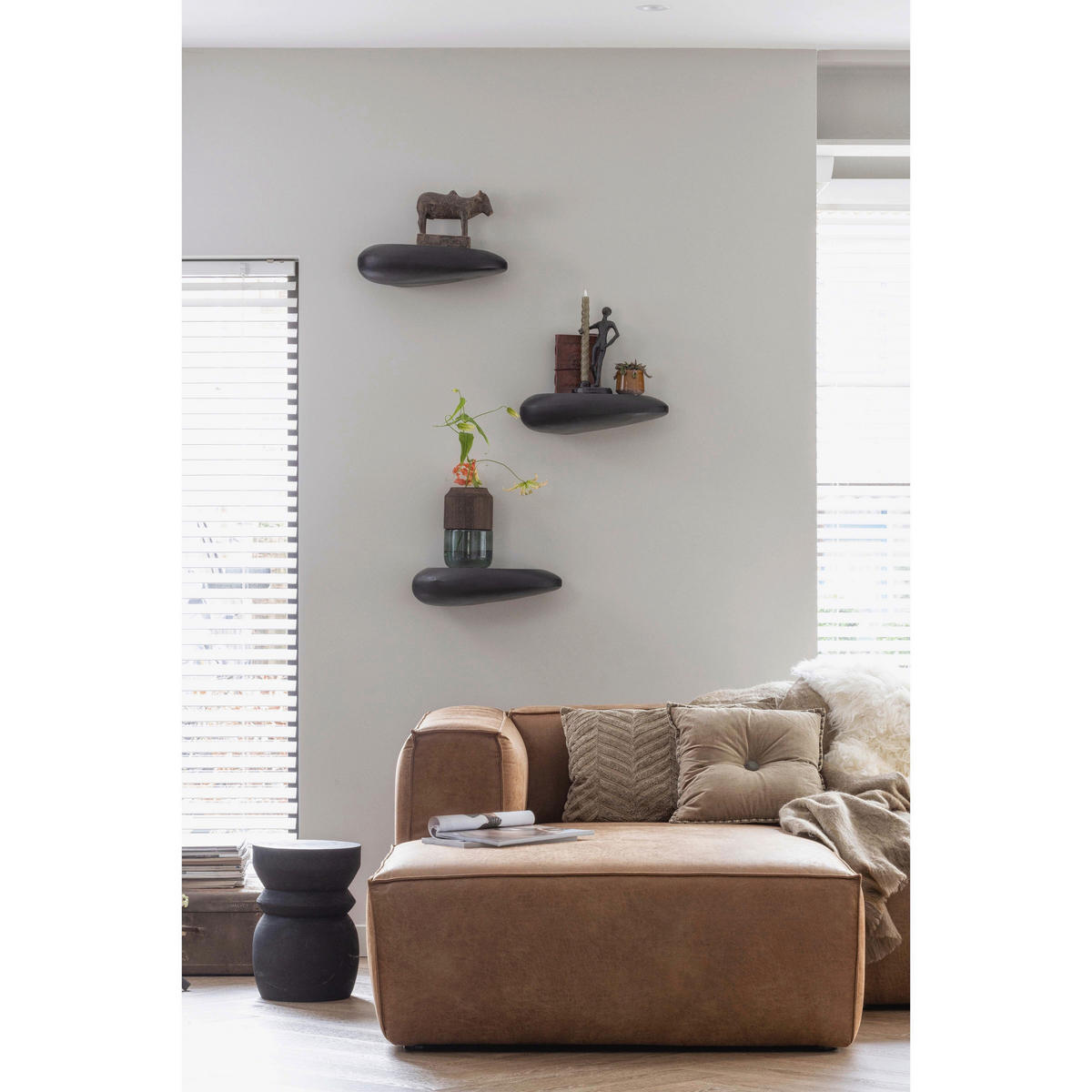 ECKSOFA Bean Cognac Kombination Echtleder/Stoff Lederlook  - Cognac/Schwarz, Design, Leder/Kunststoff (175/305cm) - Livetastic