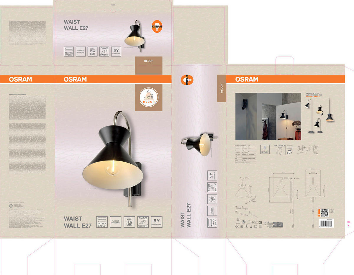 WANDLEUCHTE 20/27,5/34 cm   - Schwarz, Basics, Metall (20/27,5/34cm) - Osram