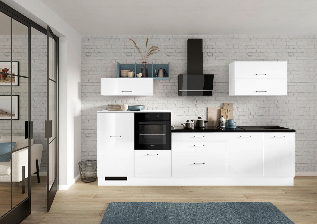 KÜCHENLEERBLOCK 320 cm   in Weiß Hochglanz  - Weiß Hochglanz/Schwarz, Design, Holzwerkstoff/Metall (320cm) - Impuls