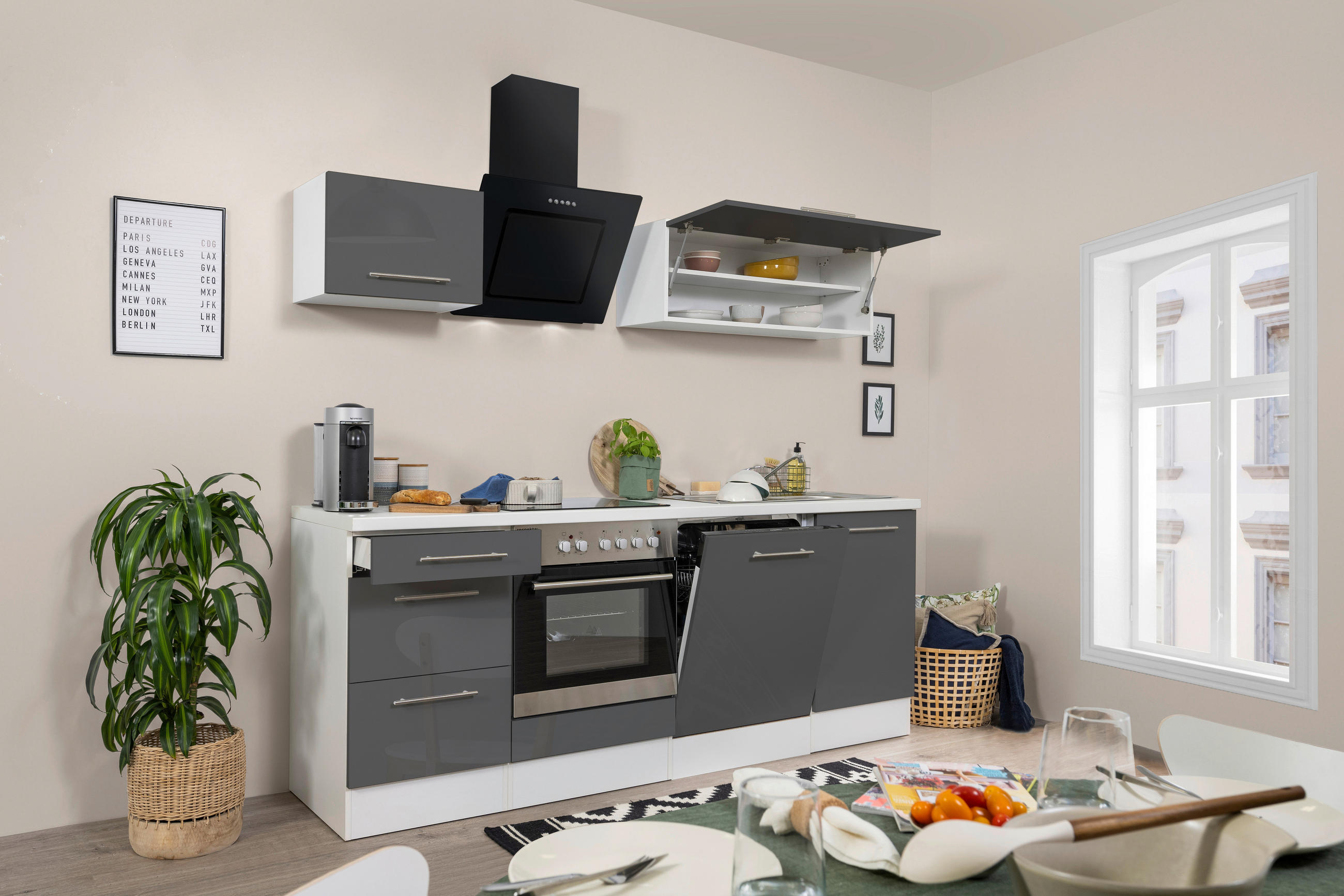KÜCHENBLOCK 220 cm Grau, Weiß E-Geräte, Spüle, Soft-Close-System, Geschirrspülerblende, Ab- und Überlaufgarnitur - Alufarben/Weiß, KONVENTIONELL (220cm) - Respekta