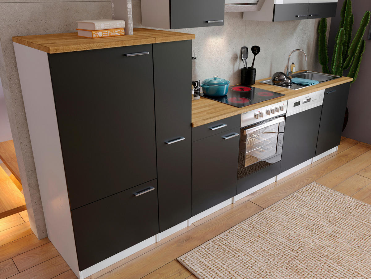 KÜCHENBLOCK 310 cm   in Schwarz  - Weiss/Edelstahlfarben, Basics, Holzwerkstoff/Metall (310cm) - Respekta