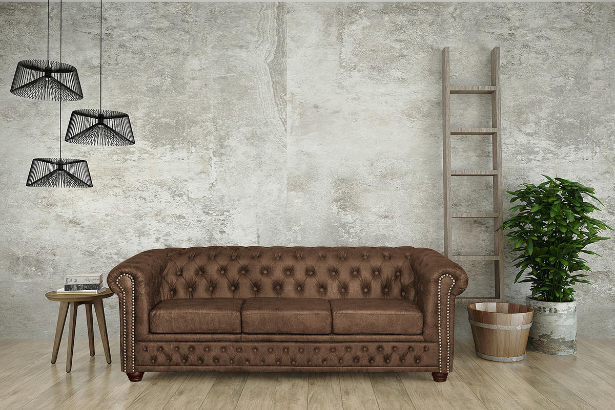 SITZGARNITUR YORK in Lederlook Braun  - Braun, Design, Holz/Textil (203/72/86cm) - P & B