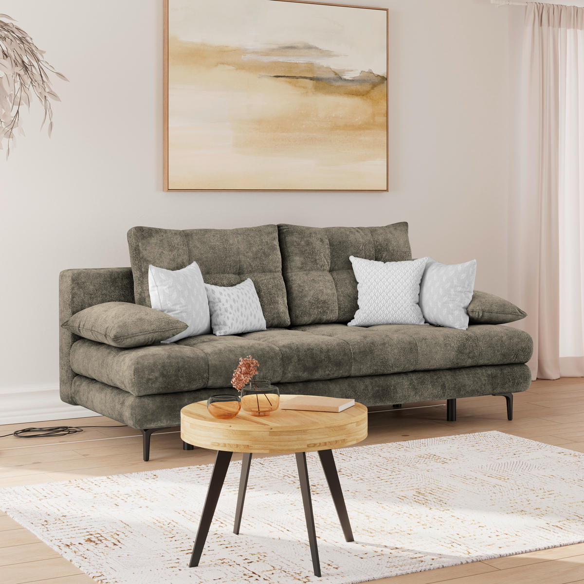 SCHLAFSOFA  mit Liegefunktion, Schlafen auf Sitzhöhe, Rücken echt Chenille Mokka  - Schwarz/Mokka, KONVENTIONELL, Textil/Metall (203/94/96cm) - Carryhome