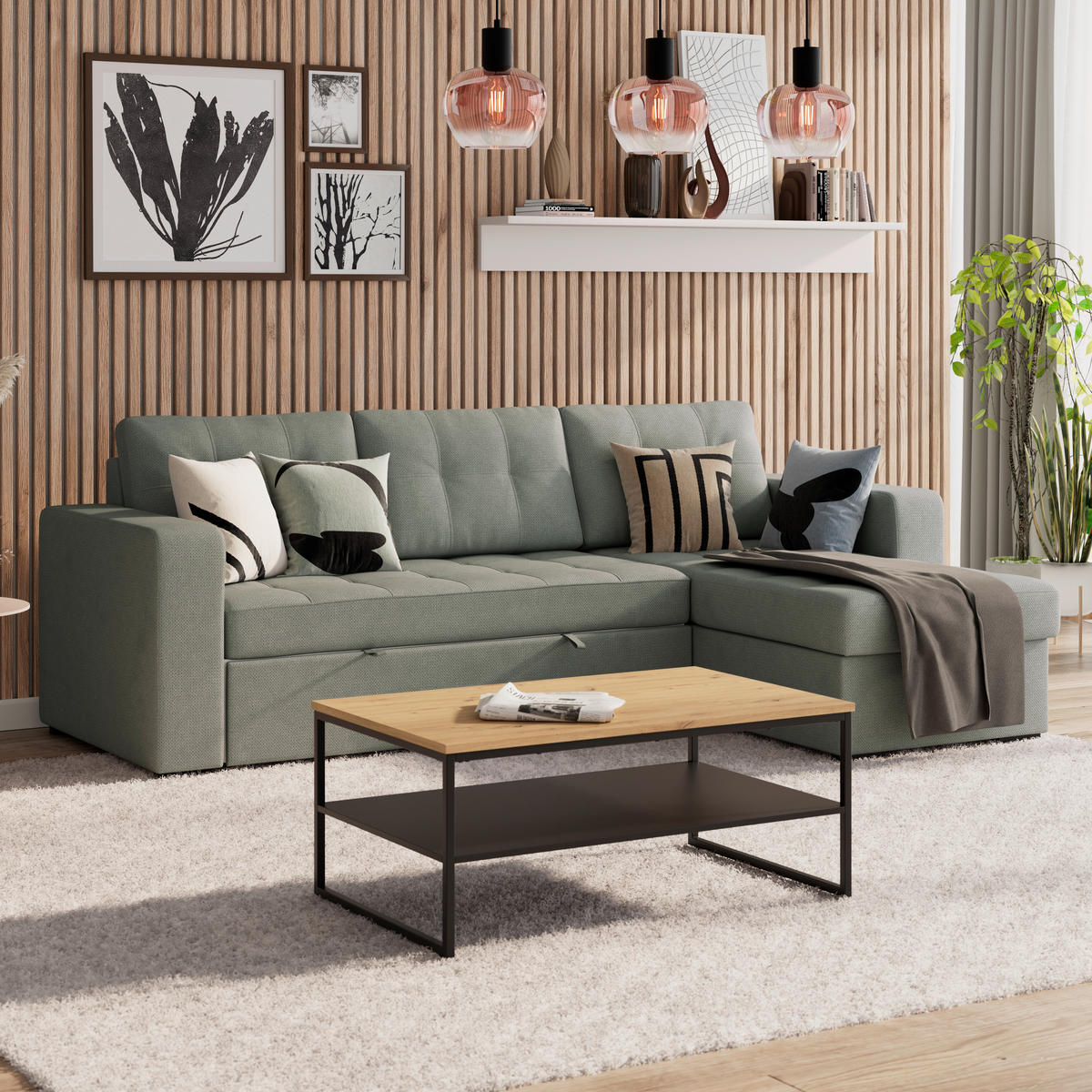 ECKSOFA TURIN Dunkelgrün Mikrofaser, Struktur Rückenkissen, Bettkasten  - Dunkelgrün/Schwarz, Trend, Textil/Metall (239/160cm) - MID.YOU