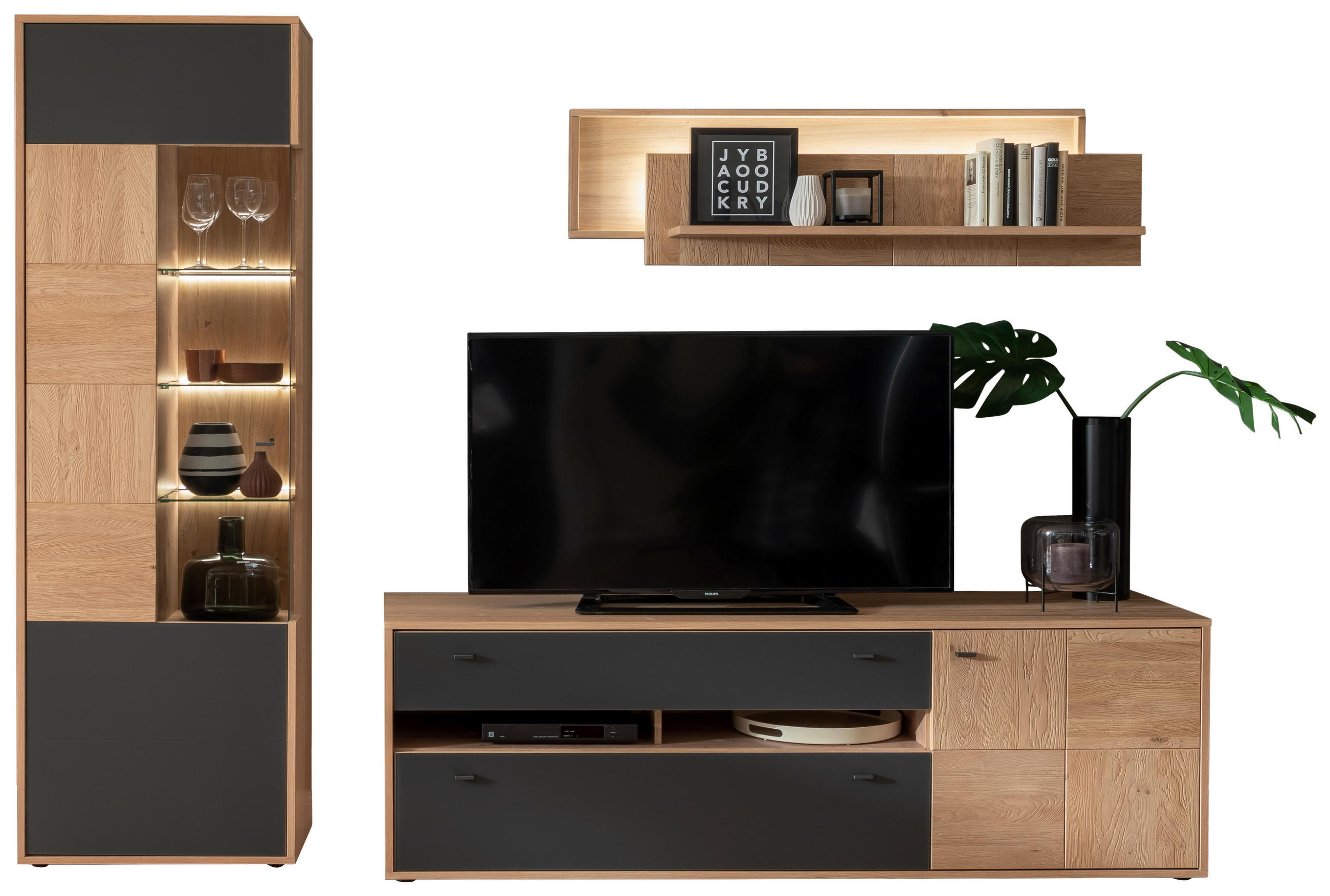 OBÝVACIA STENA, antracitová, dub bianco - čierna/antracitová, Design, kov/drevo (258/207/50cm) - MID.YOU