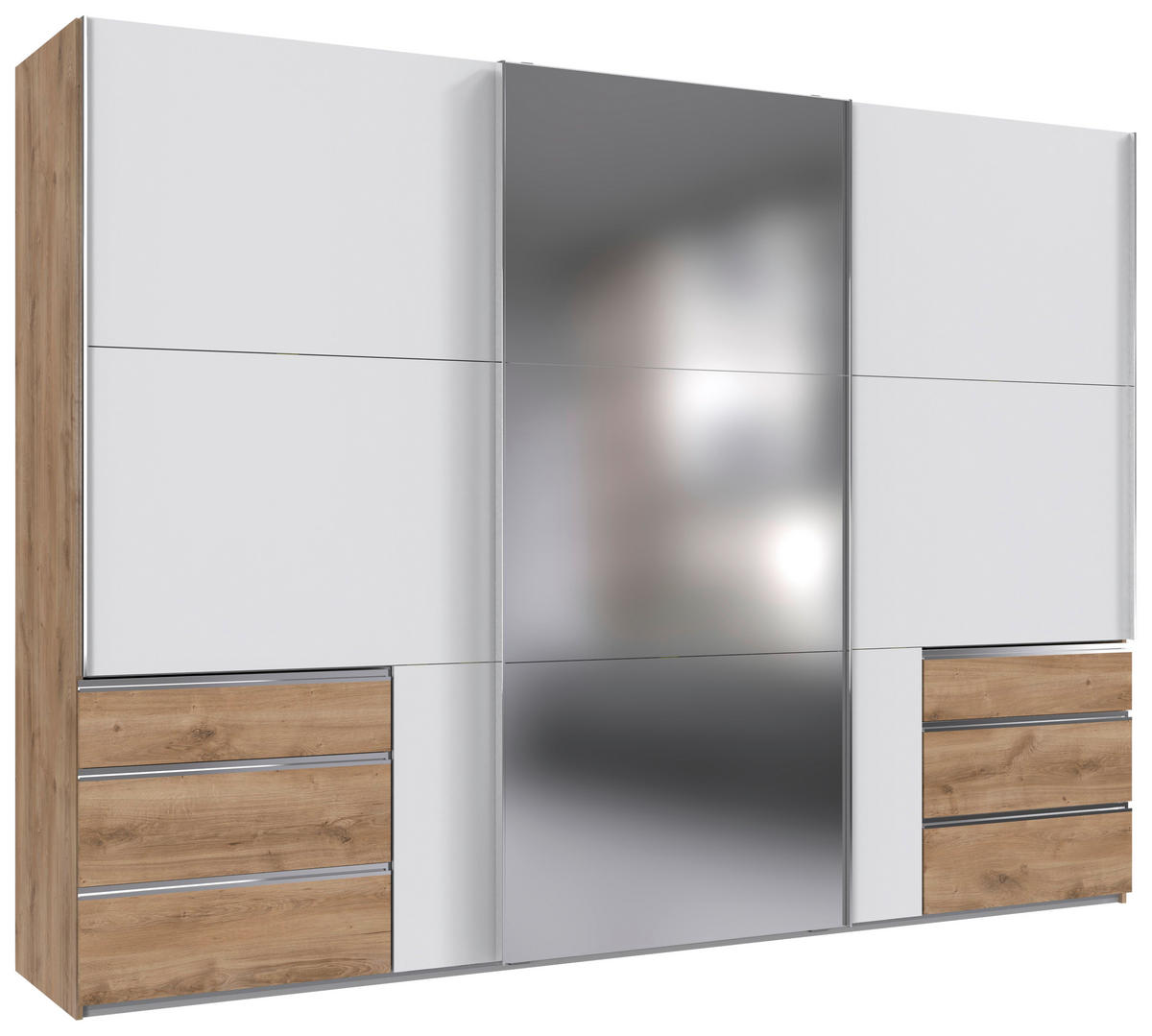 SCHWEBETÜRENSCHRANK 300/216/65 cm 3-türig Weiß, Eichefarben  - Chromfarben/Eichefarben, MODERN, Glas/Holzwerkstoff (300/216/65cm) - MID.YOU