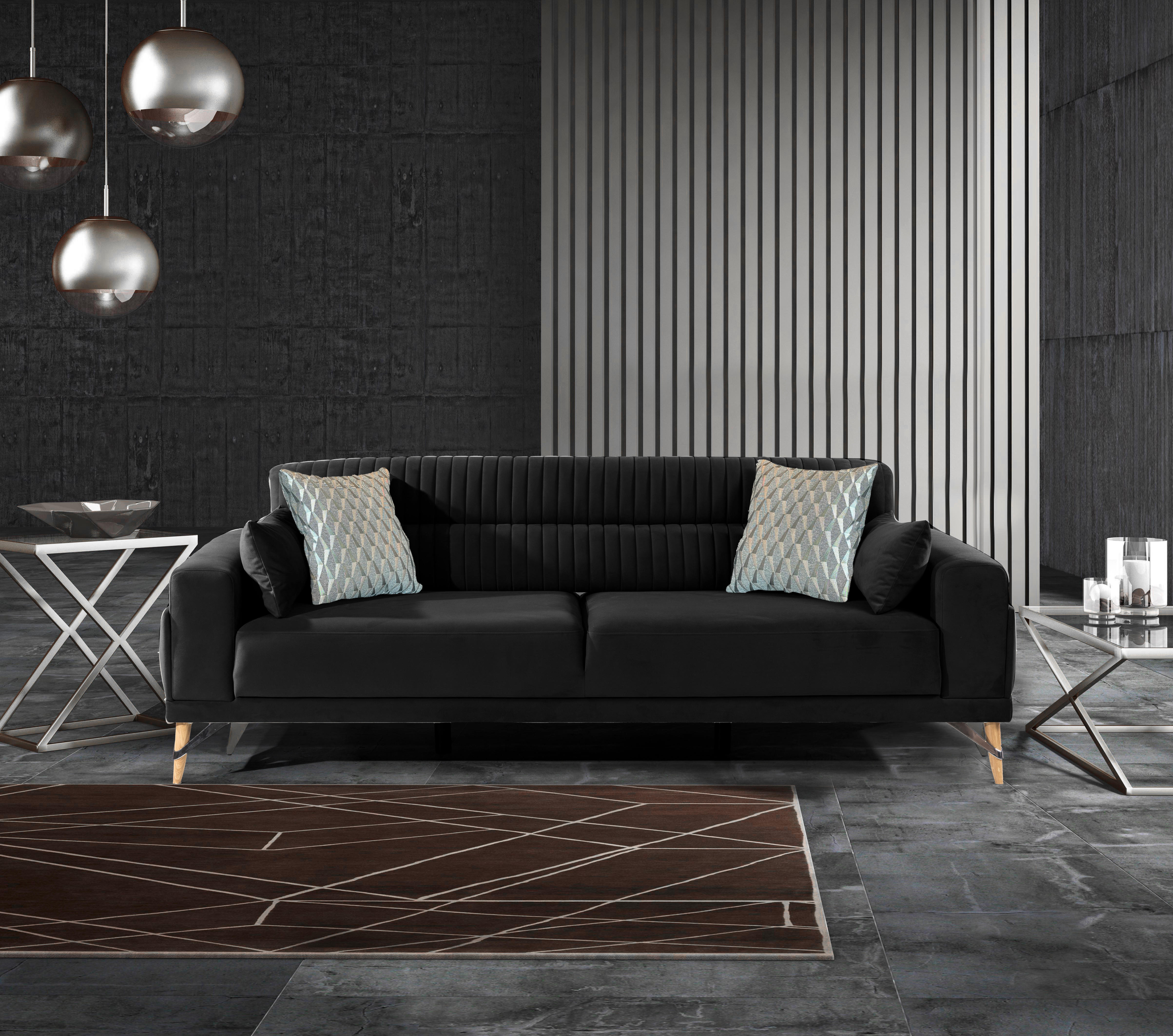 3-SITZER-SOFA Samt Schwarz  - Beige/Silberfarben, Design, Kunststoff/Textil (233/77/87cm) - Livetastic