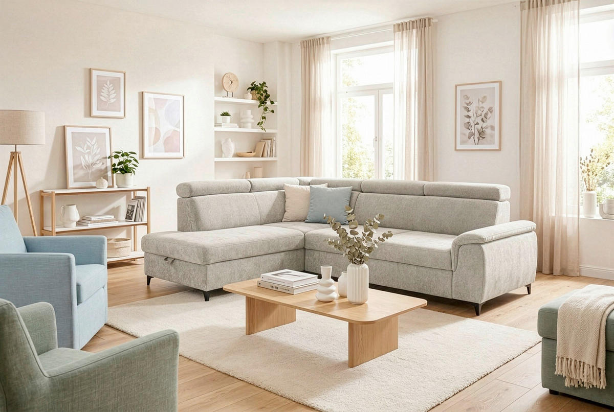 ECKSOFA Naturfarben Chenille Bettkasten, Schlaffunktion, Rücken echt, Kopfteilverstellung, Liegefläche im Originalstoff  - Schwarz/Naturfarben, KONVENTIONELL, Textil/Metall (206/265cm) - Carryhome