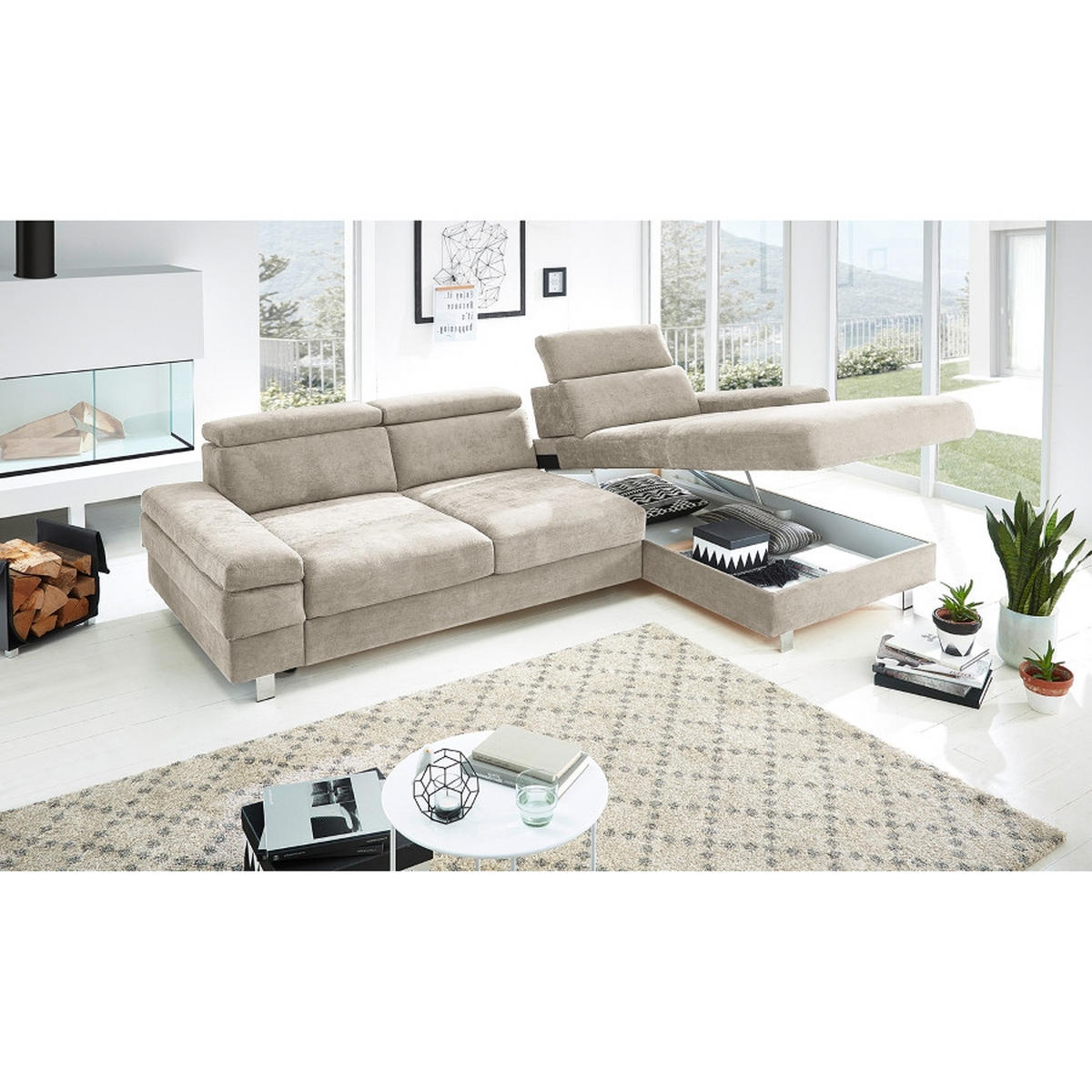 ECKSOFA in Webstoff Greige  - Greige/Silberfarben, Konventionell, Textil/Metall (182/82/260cm) - Trendmanufaktur