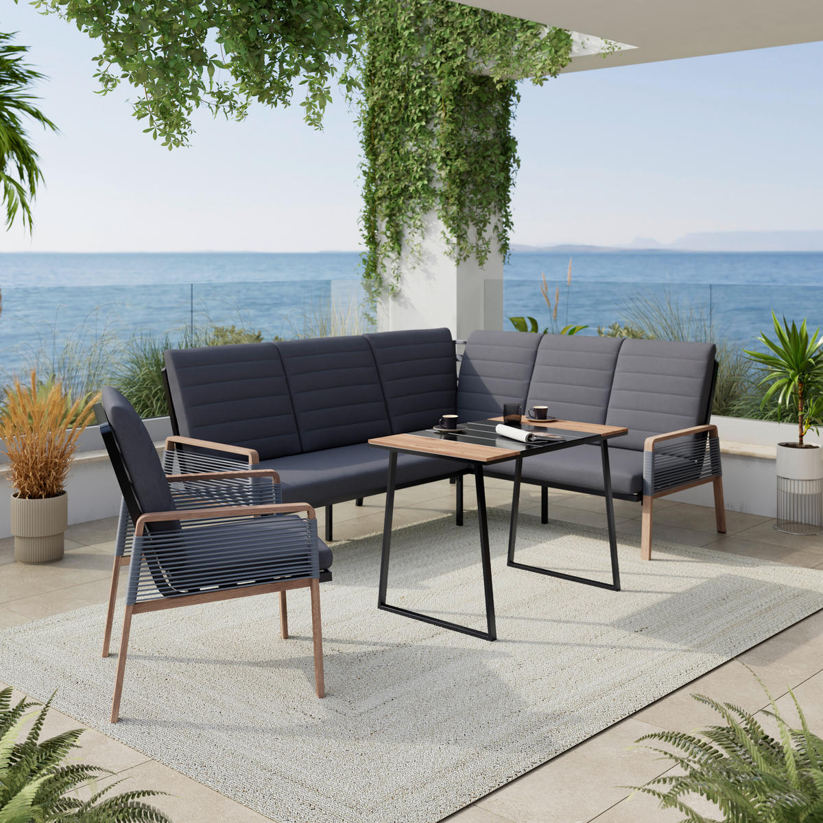 LOUNGEGARNITUR 4-teilig    - Dunkelgrau/Naturfarben, Modern, Kunststoff/Textil - Ambia Garden