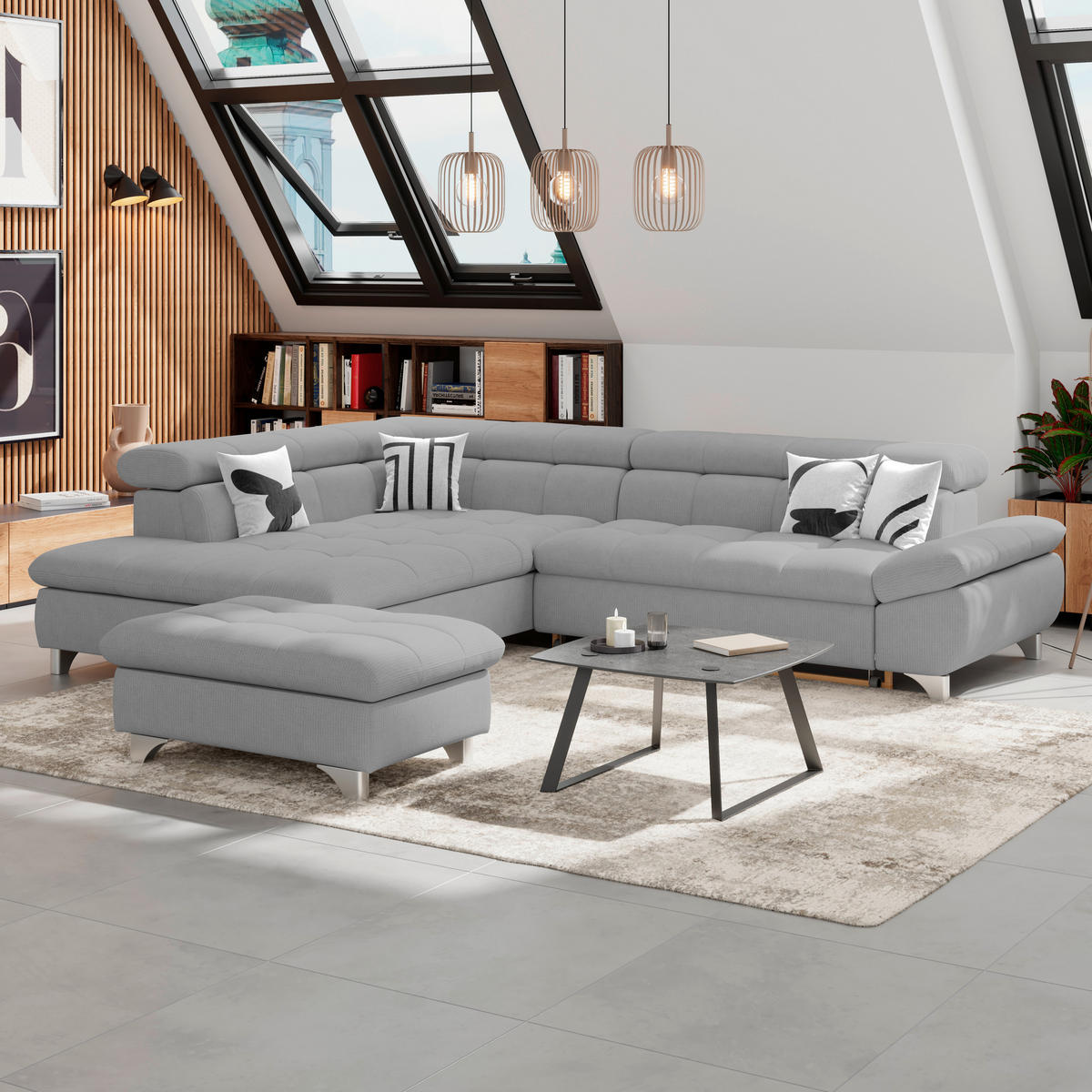 ECKSOFA Grau Chenille  - Chromfarben/Grau, KONVENTIONELL, Textil/Metall (234/312cm) - Livetastic