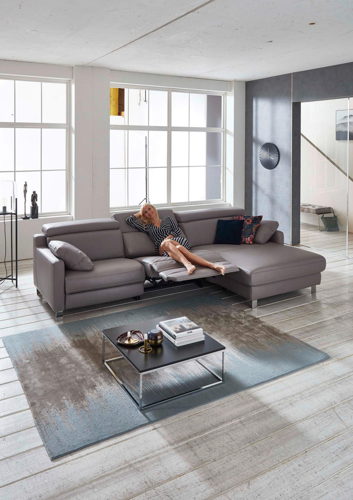 ECKSOFA  in Echtleder Grau  291/176 cm  - Chromfarben/Grau, Design, Leder/Metall (291/176cm) - Valdera