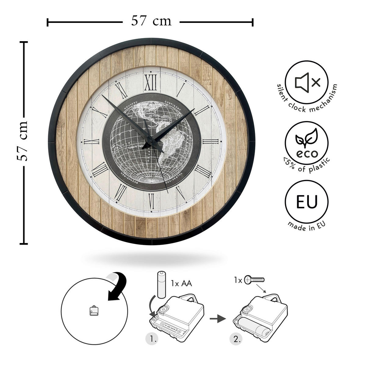 WANDUHR - Schwarz, Weiß, Eichefarben  - Eichefarben/Schwarz, Basics, Holz/Kunststoff (57cm)