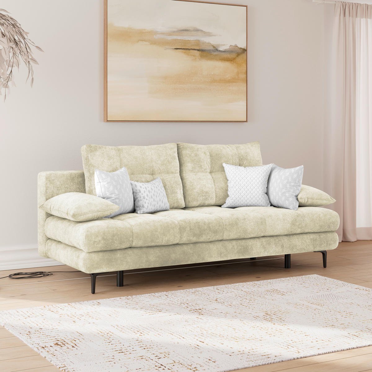 SCHLAFSOFA Chenille Creme  - Creme/Schwarz, Konventionell, Textil/Metall (203/94/96cm) - MID.YOU