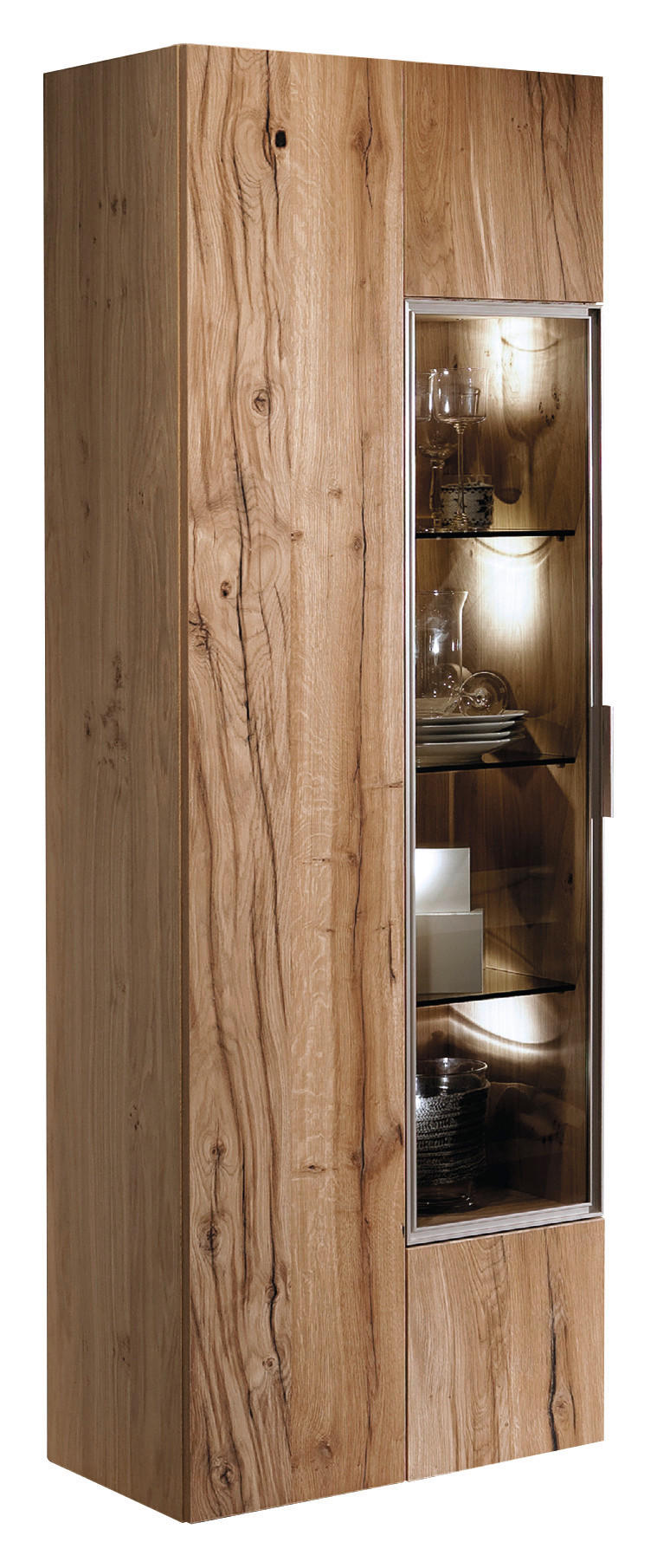 Vitrine in furniert, mehrschichtige Massivholzplatte (Tischlerplatte) Altholz, Eiche Eichefarben